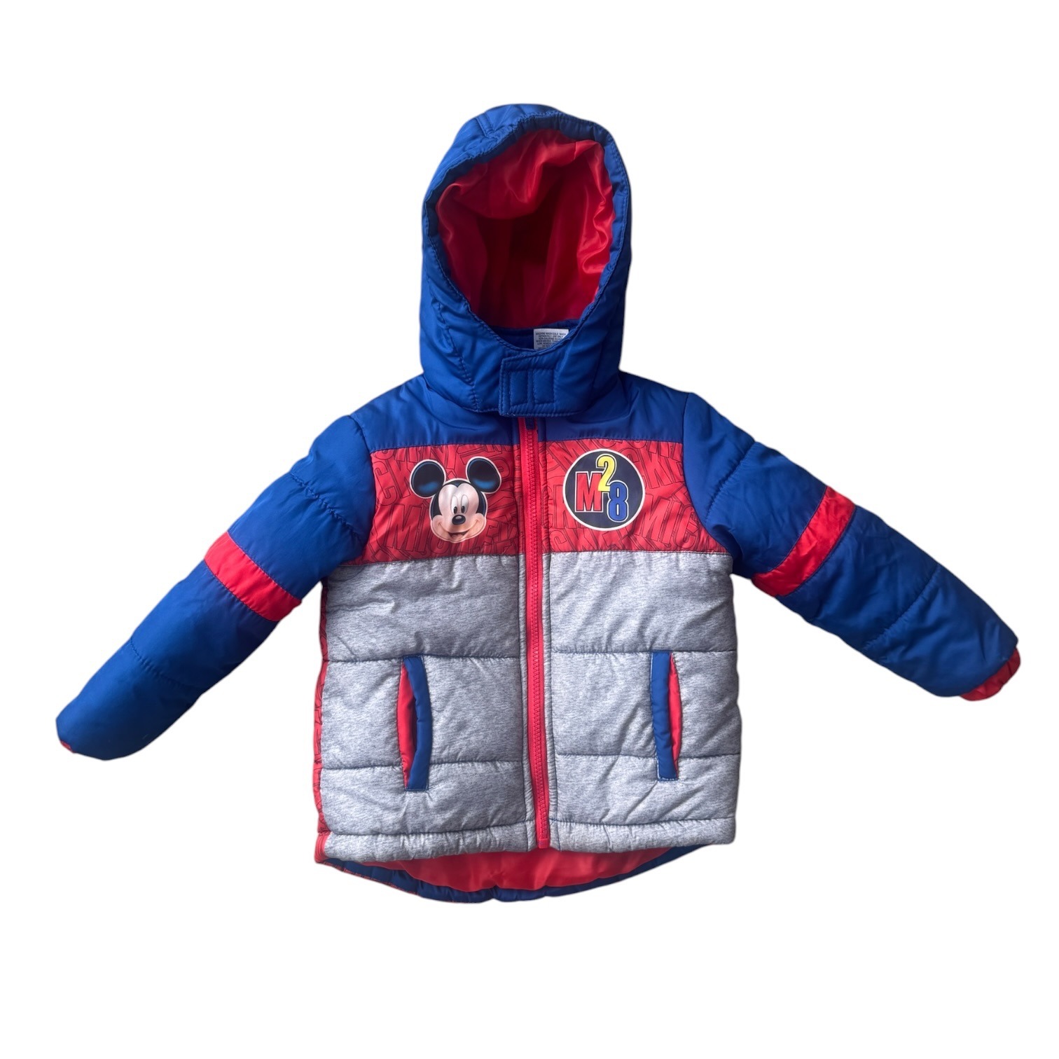 Disney Mickey Mouse Boys Blue Red Gray Hooded Puffer Jacket Size 4t A3441may16